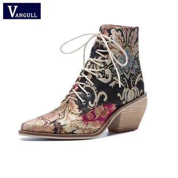 

2019 New Women Luxury Silk Boots Martin Ankle Boots New Autumn Winter Embroider Womens Motorcycle Boots Lace Up Shoes Woman
