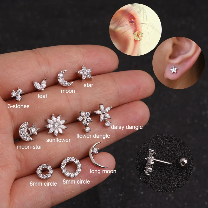 Barbell or Labret Stud Pearl White Flower Piercing 18G,20G 16G CZ Stainless Steel Cartilage Piercing,Helix Earring,Conch,Tragus