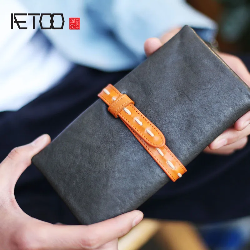 

BJYL New long paragraph simple draw with hand retro leather soft leather wallet lady wallet male matte Vintage wallet