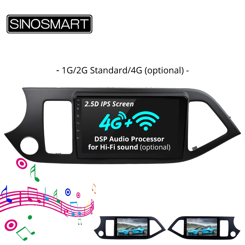 

SINOSMART 2.5D IPS/QLED Screen 1G/2G Car Navigation GPS Player for Kia Picanto Morning 2011-2014 32EQ DSP, 4G RAM Optional