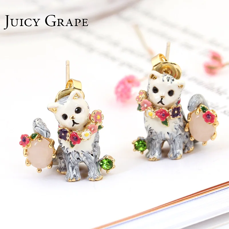 Juicy Grape Pets serie esmalte Floret Cat Stud pendientes mujeres 925