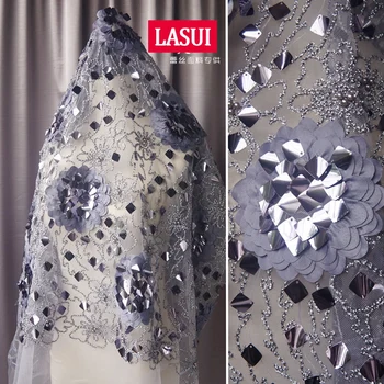 

LASUI 1 yard X0564 Diy clothing dress fabric decoration Yarn jacquard Gray 3D flower soft embroidery mesh lace fabric