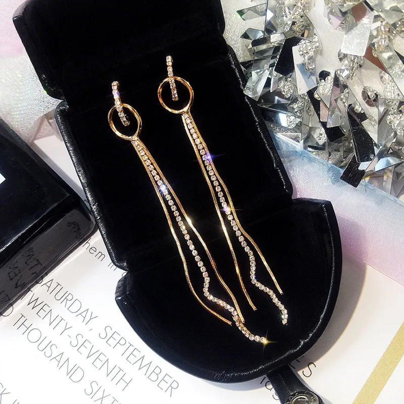 LUBOV New Long Alloy Rhinestone Hoop Earrings Gold Color Tassel Small Circles for Women Wedding Jewelry | Украшения и аксессуары