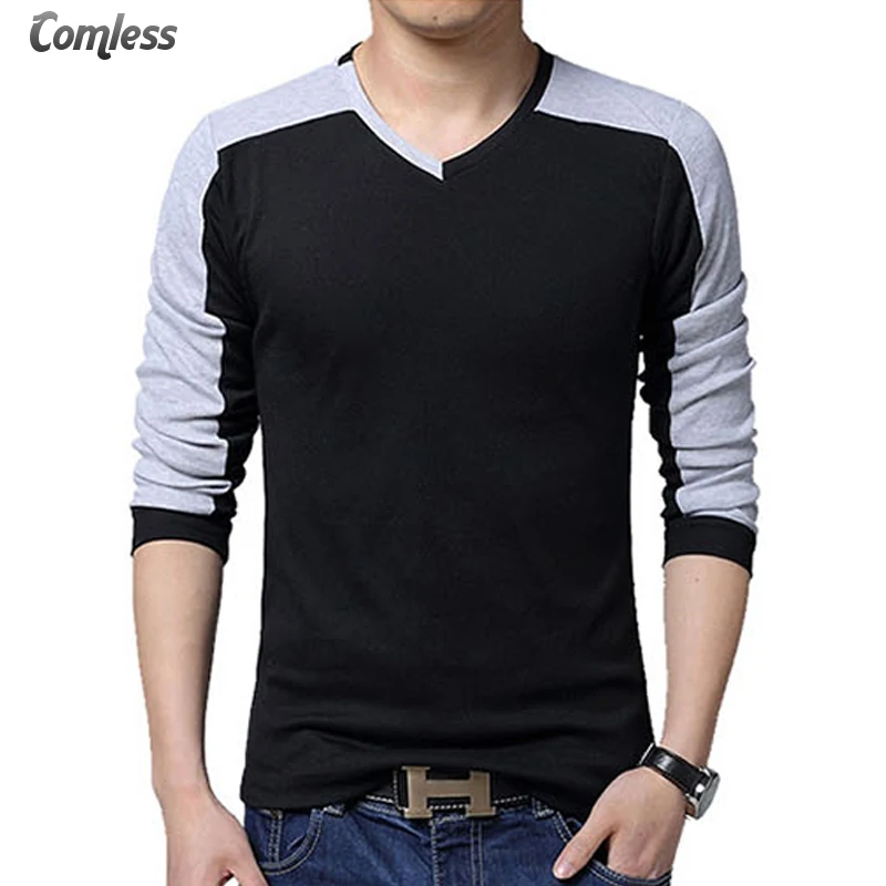 New Arrival Mens Casual Slim Fit Cotton T shirt V Neck Long Sleeve