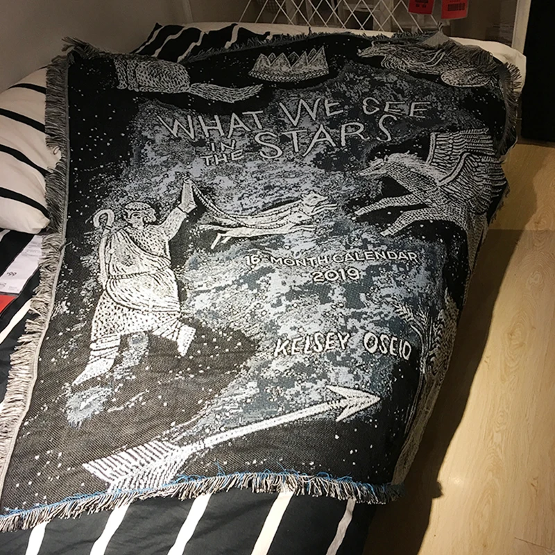 

Retro Sky Horse Blanket Bed Cover What We See In The Sky Pattern Black Gray Universe Starry Astronomical Tapestry Sofa Decor