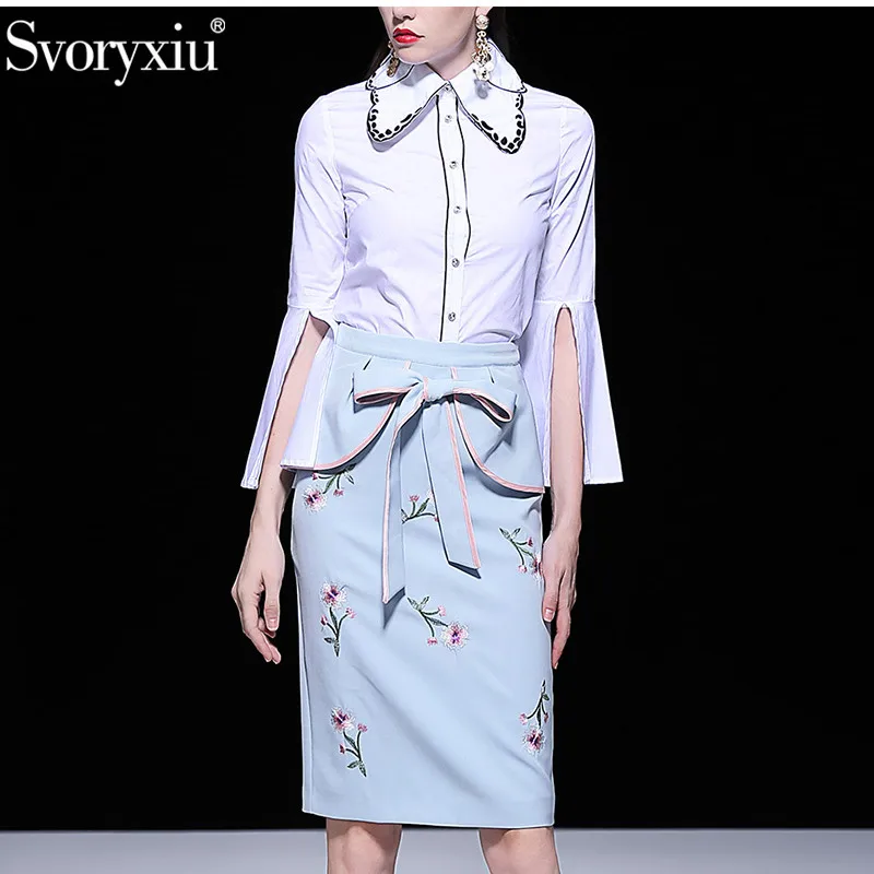 

Svoryxiu High Quality Summer Skirt Suit Women's Elegant Flare Sleeve White Blouse + Bow Embroidery Skirts Runway Two Piece Set