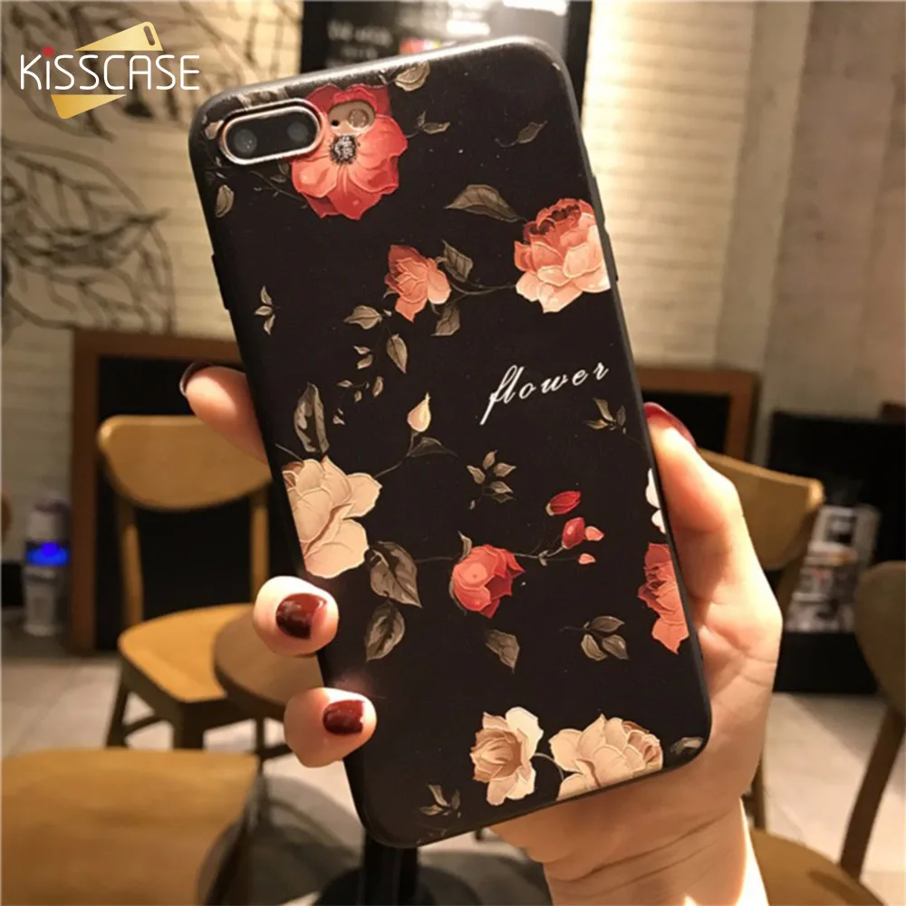 Kisscase Цветочный чехол для iPhone 6S 6 7 8 Plus XS Max Cover 3D Relief Rose Мягкая оболочка из