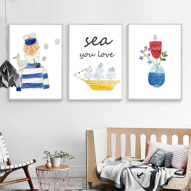haochu modern mediterranean navy captain sea ship cartoon figure canvas painting wall picture for kids room