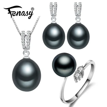 

FENASY Fine Pearl Jewelry Sets for Women Classic Natural Pearl Pendant Necklace 925 Sterling Silver Long Earrings