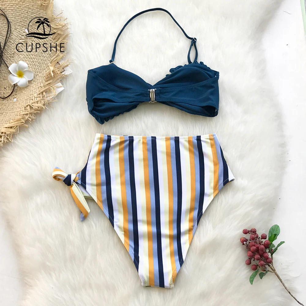 Online CUPSHE amarillo y Floral Tropical estampado de alta cintura Bikini conjuntos 2019 mujeres corazón cuello Halter dos piezas trajes de baño
