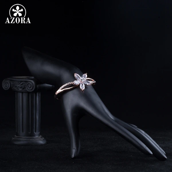 AZORA Rose Gold Color Five Petals Flower Cubic Zirconia Charm Bangle Bracelet TB0057