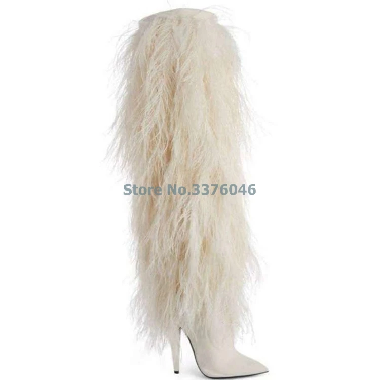 

Pointed Toe Faux Fur Knee High Slip On Boots Faux Sheepskin White Thin High Heels Boots New Warm Winter Downy Women Boots
