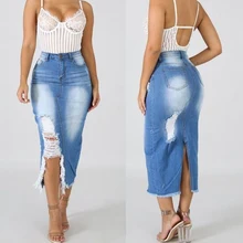 Plus Size Denim Skirt for Women High Waist Ripped Hole Maxi Skirt Ladies Vintage Slim Slit Bodycon Long Skirt Streetwear 5XL H40 lace insert ripped denim skirt