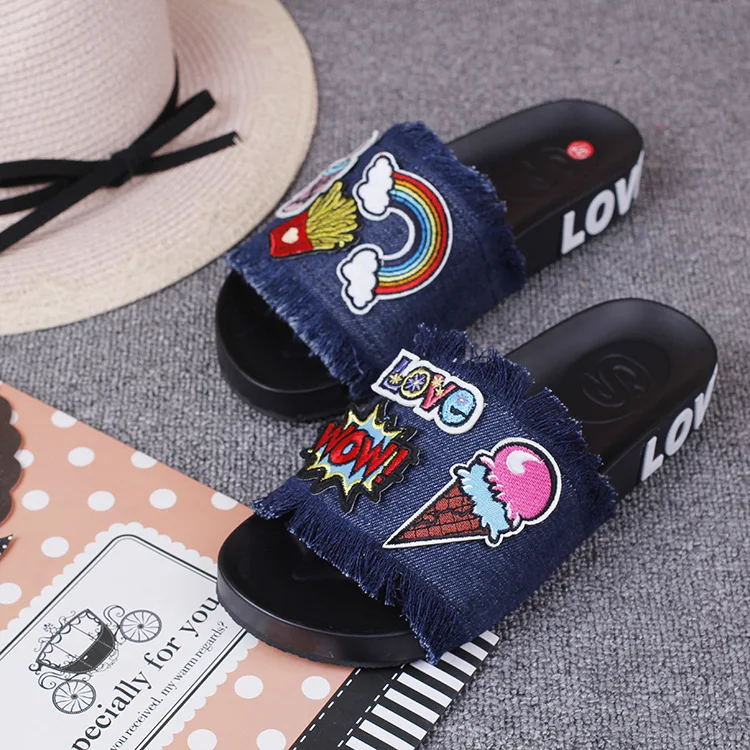 New Womens Sandal Styles Cartoon Patch Embroidery Tassel Flat With Open-toed Slip Holiday Shoes 2016 Comfort Cheap Slippers62
