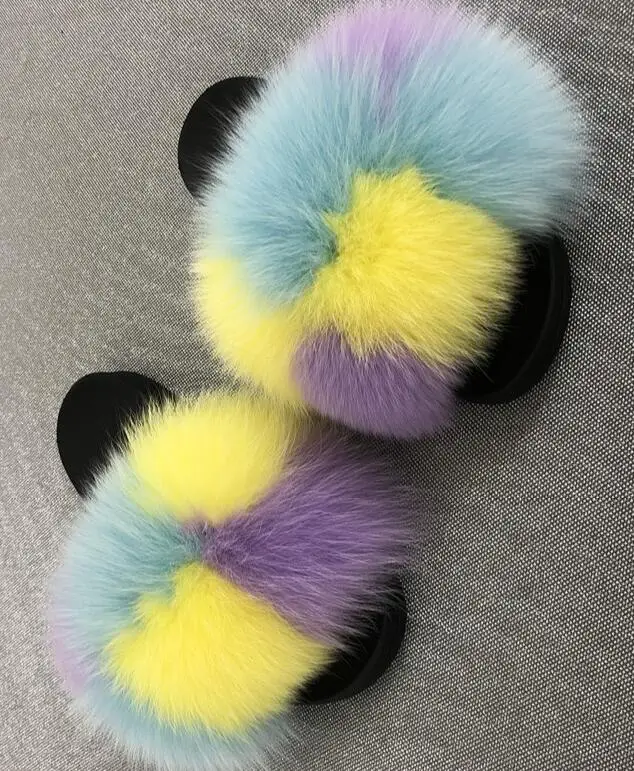 

New Color Real Fox Fur Slippers Slides Casual Shoes Fluffy Slippers Flip Flops Furry Shoes Women 45Big size