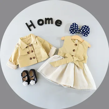 

Coat and dress set girls two piece outfits crop jacket baby clothes newborn toddler infant clothing khaki children fall autumn