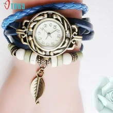 Women font b Children b font Retro LeatherWinding Bracelet Leaf Pendant font b Watch b font