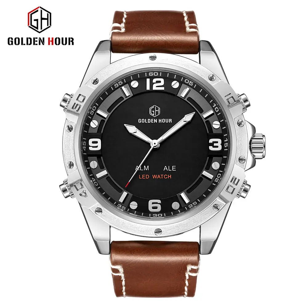 Топ бренд GOLDENHOUR Модные мужские спортивные часы кварцевые аналоговые светодиодный часы мужские кожаные военные водонепроницаемые часы Relogio Masculino - Цвет: Silver Black
