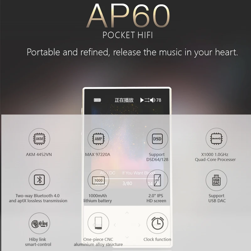 Hidizs AP60 II HiFi портативный Bluetooth 4 0 Apt x DSD USB DAC FLAC AAC APE MP3 музыкальный плеер AKM4452VN MAX97220A