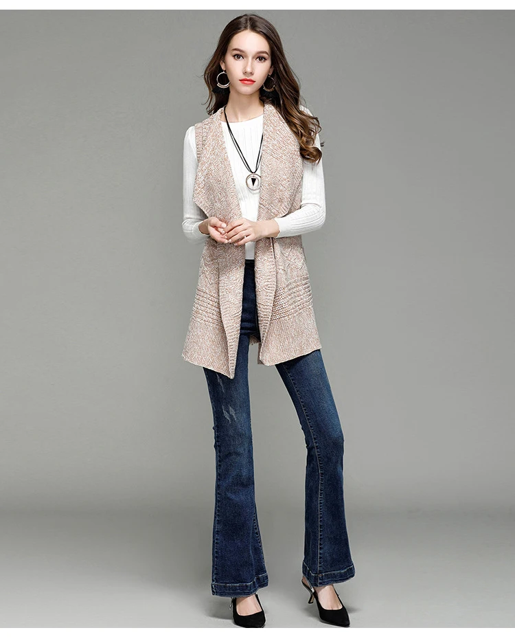 Fashion new European and American women's long paragraph lapel knit cardigan sleeveless vest sweater coat female (3)