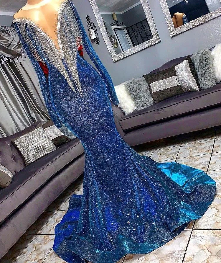 Халат De Soiree роскошный русалка отделка бисером африканские Королевский Синий Выпускные платья Полный блестками V образным вырезом вечернее платье вечерние