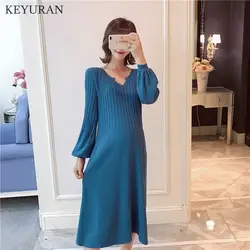Корейское модное платье для беременных большой размер Свободная трикотажная одежда для беременных женщин беременность тонкий фонарь с