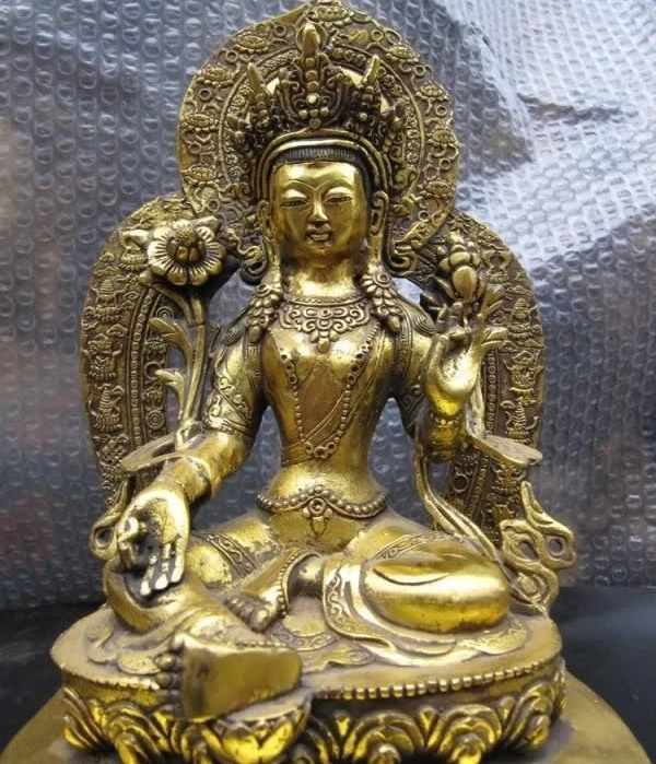 

Tibet Buddhist Bronze Copper Gild Green TaRa Guan Yin Kwan-yin Goddess Statue