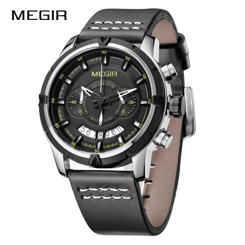 MEGIR Для мужчин творчески Кварцевые наручные часы кожаный ремешок Водонепроницаемый Для мужчин армии спортивные часы мужской Relogio Masculino - Цвет: SilverBlack
