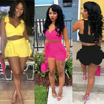 

2019 Casual Summer 2pcs Set Women Sleeveless Ruffled Solid Short Jumpsuit Romper Crop Top And Shorts Sets 3 Colors