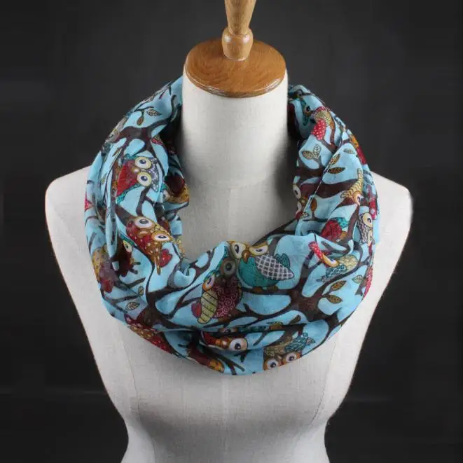 Дизайн, женский шарф с принтом Совы из мультфильма, теплая шаль с круглым вырезом, винтажные кольца, Прямая поставка, женские шарфы, хиджаб - Цвет: Light Blue