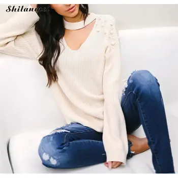 

Beading Women Sweater sexy V Neck Choker Long Sleeve Autumn Knitwear Solid OL Pull Femme Causal Loose Long Sweaters And Pullover