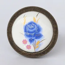 fashion retro rural ceramic furniture knobs antique brass bronze cabinet dresser handles knobs blue flower ceramic drawer knobs