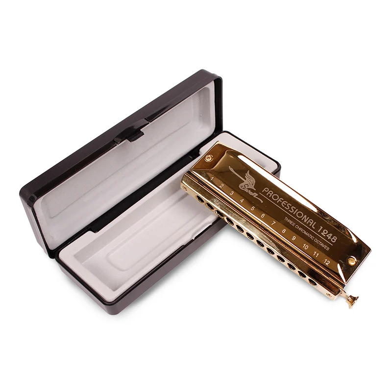 

Swan 12 Holes 48 Tones Gold Color Chromatic Harmonica Laser Proceeded Harp Woodwind Musical Instrument With Tone Switch SW1248-1