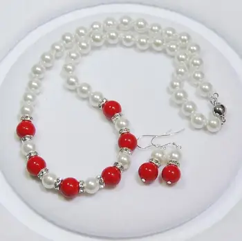 

8mm White Shell Pearl /10mm Red Coral Round Beads Necklace + Earrings Set