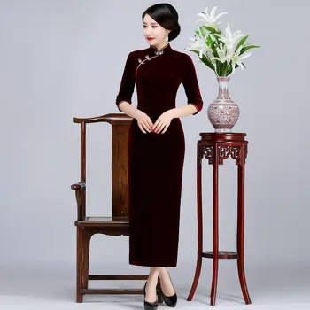 

Winter Warm Mandarin Collar Mother Dress Women Velvet Long Solid Qipao Vintage Chinese Style Plus Size Cheongsam S-3XL 4XL