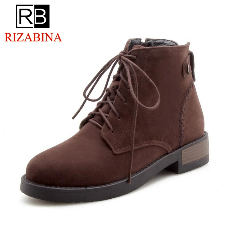 

RizaBina Women Ankle Boots Winter Zipper Plush Fur Warm Shoes Woman British Style Round Toe Lace Up Flats Boots Size 33-43
