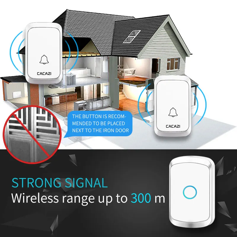 CACAZI Intelligent Wireless Doorbell 300M Remote 1 Button 3 Receiver Waterproof Wireless LED Light Home Call Door Bell Chime