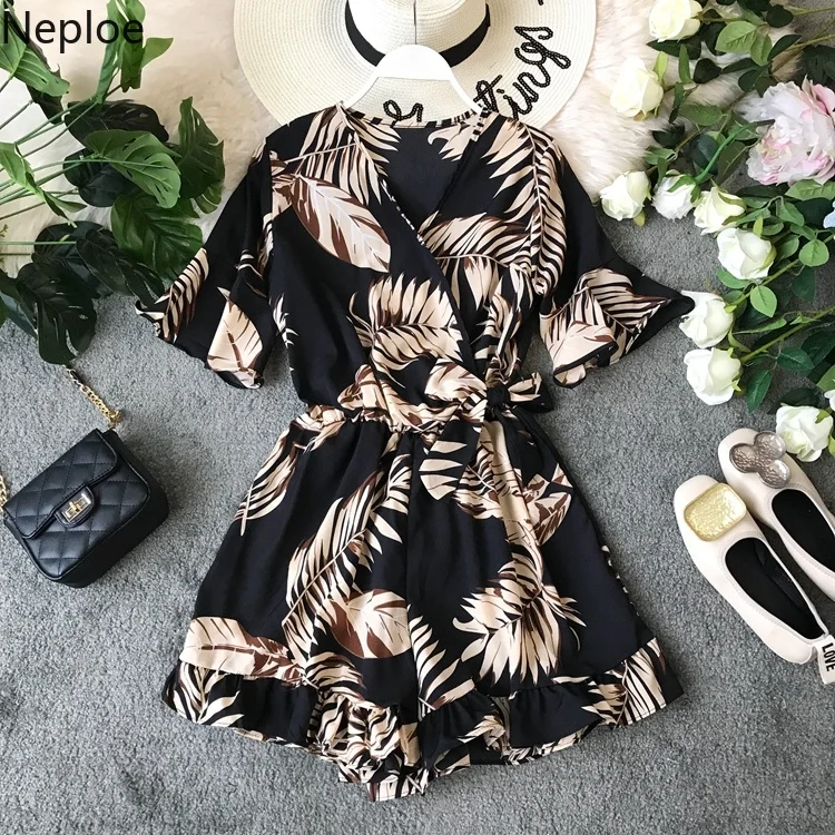 Neploe Bohemia V Neck женские комбинезоны цветочные шифоновые комбинезон с оборками