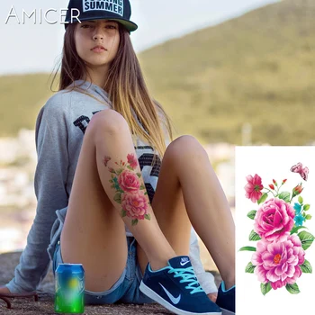 

flash henna tattoo fake temporary tattoos stickers sweet rose peony flowers tattoo arm shoulder tattoo waterproof women on body