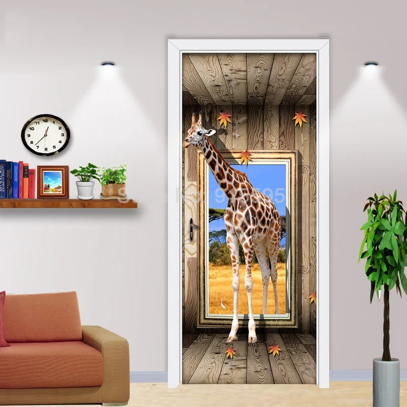 Двери Стикеры s 3D жирафа животных Плакат Гостиная Спальня двери Стикеры Водонепроницаемый Книги по искусству Наклейки на стены Стикеры