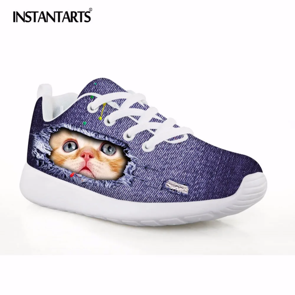 

INSTARTANTS Breathable Mesh Flats Boy Girl Blue 3D Puppy Cat Denim Animal Print Children Sneakers Fashion Kid Lacing Casual Shoe