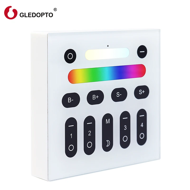 

Gledopto 2.4G RGB+CCT Wireless RF touch Remote 4 Zone LED Wall Switch Panel for led bulbs dimmer for LED spotlight controller