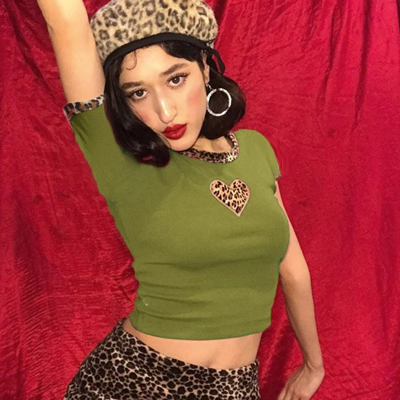 Weekeep, Женская леопардовая Лоскутная футболка с коротким рукавом, укороченная футболка с круглым вырезом, высокая уличная женская футболка,, летний сексуальный укороченный топ - Цвет: Армейский зеленый