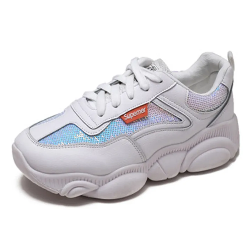 

New 2019 Spring Fashion Women Casual Shoes Sequin Leather Platform Shoes Women Sneakers Ladies White Trainers Chaussure Femme