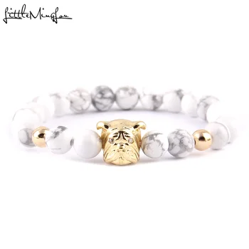 

Little MingLou Cute Animal Bulldog bracelet Luxury charm women bracelets & bangles White Stone Beads Bracelet for men Jewelry
