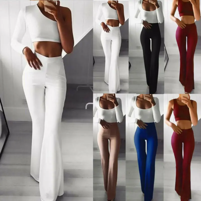 Womens Solid High Waist Wide Leg 