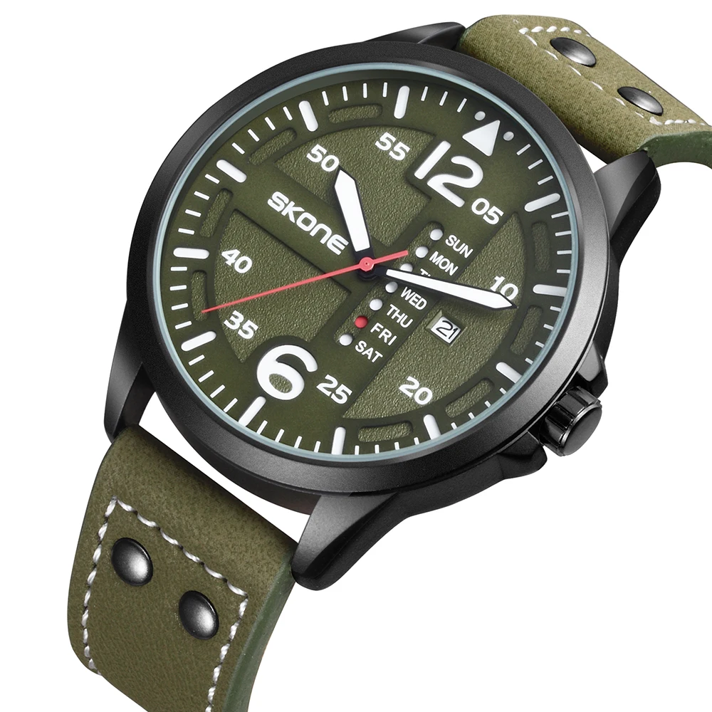 

SKONE Men Watch Quartz Waterproof Fluorescence Fashion Casual Leather Band Wristwatch Reloj Hombre Male Black Military Kol Saati