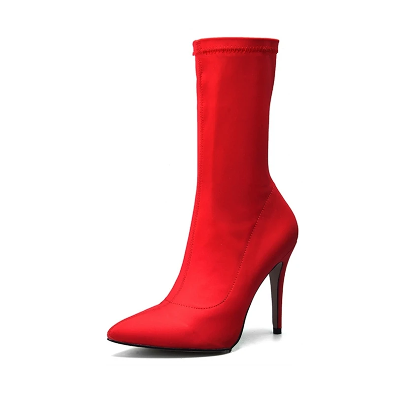 Womens Sock Fit Lycra Stretch High Heel Stiletto Pointed Toe Ankle Boots Shoes
