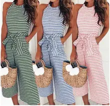 Elegant Sexy Jumpsuits Women Sleeveless Striped Loose Trousers Wide Leg Pants Rompers Holiday Belted Leotard Overalls self belted wide leg shorts