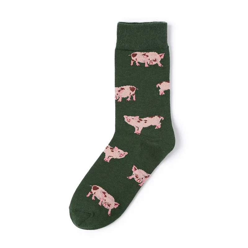green pig socks Новинка; забавные хлопковые носки для женщин и девочек с изображением животных; Носки с рисунком курицы, коровы, гуся, овцы, свиньи, щенка, кота; Новинка; kawaii; уличная одежда - Цвет: green pig socks